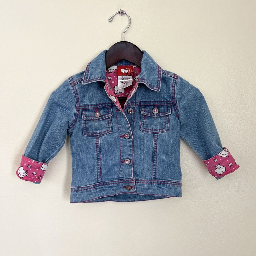 HELLO KITTY Girl’s Y2K Style Rhinestone Embellished Denim Jacket, Light Wash- 2T